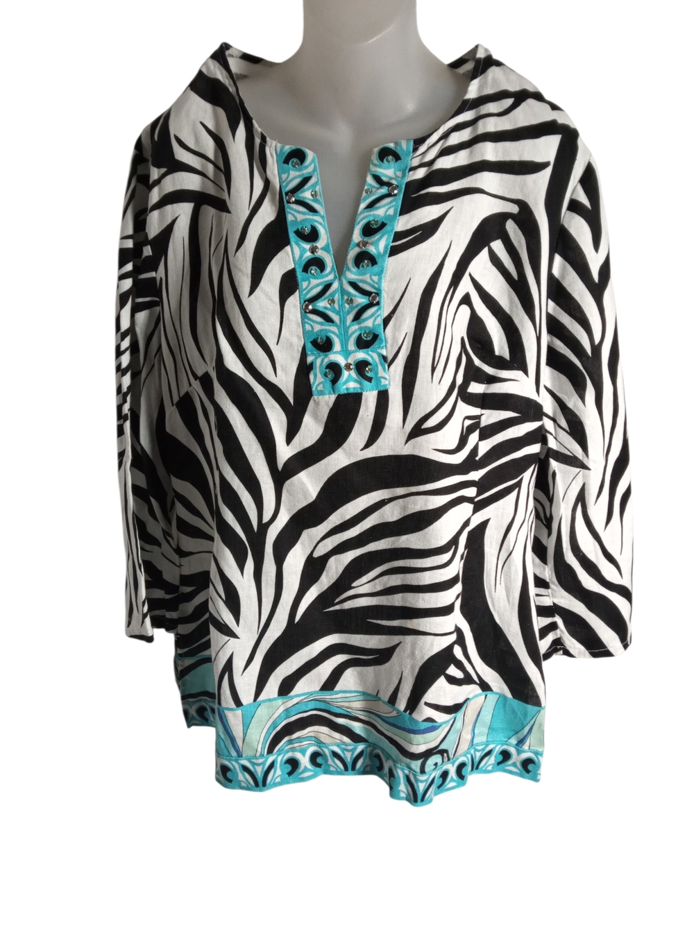 JM Collection Black-and-White Zebra Tunic with Turquoise Trim - Picture 3 of 8